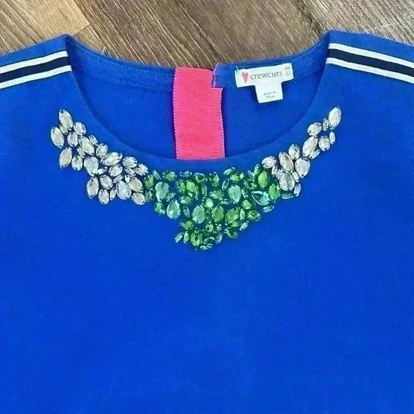 Crewcuts | Jewel Neck T-Shirt Dress Size 14 Girls. Blue w/Clear&Green Jewels - Picture 2 of 8